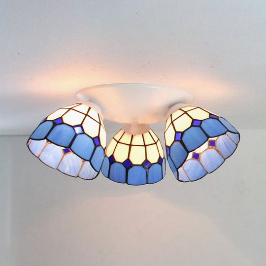 Dome Shade Tiffany Stained Glass Ceiling Light Fixture - 3 Heads White/Clear White