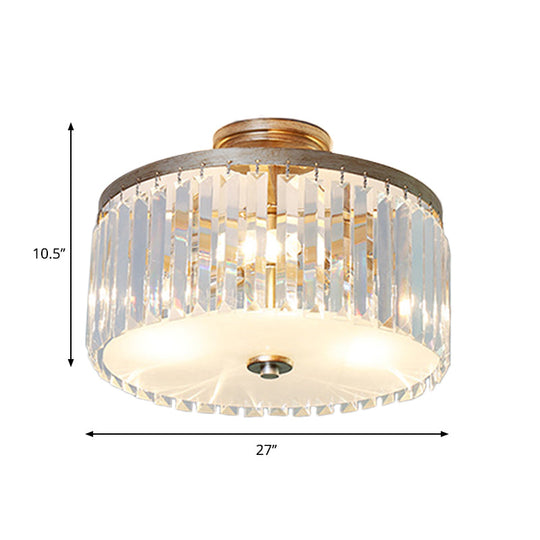 3-Light Crystal Drum Flush Mount Ceiling Lamp in Chic Gold/Silver/Black for Dining Room