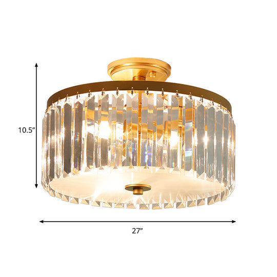 3-Light Crystal Drum Flush Mount Ceiling Lamp in Chic Gold/Silver/Black for Dining Room