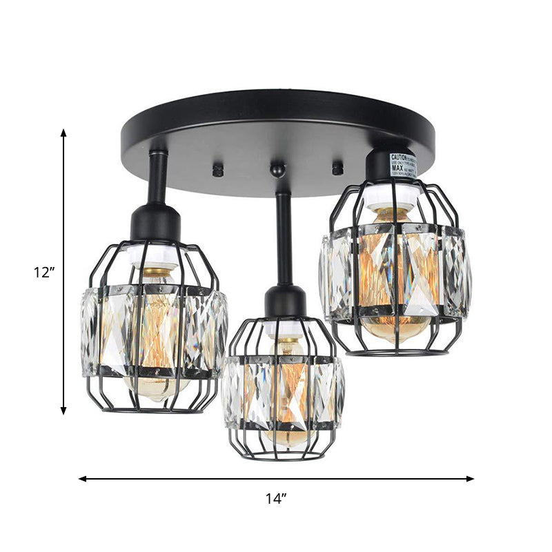 Plafonnier traditionnel en forme de coupe avec cadre en fer et accent en cristal - Semi-encastré à 3 lampes en noir