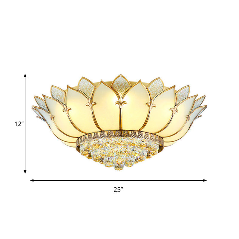 Chinese Style Prismatic Glass Lotus Flush Mount Ceiling Light with Crystal Finial - 5 Lights, White