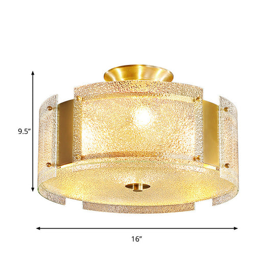 Golden 4-Light Ceiling Fixture with Water Glass Semi Flush Drum Design