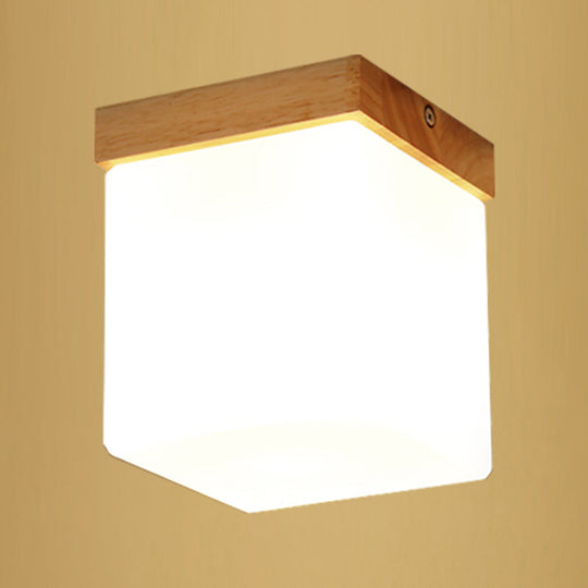 Ultra-Contemporary 1-Light White Glass Semi Flush Chandelier Ceiling Light For Hallway Wood / Square