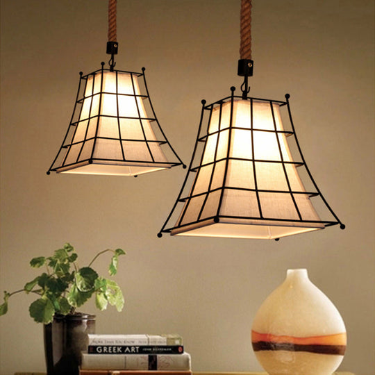 Flared Hanging Lamp with Fabric Shade - Wire Frame Rustic Suspension Light in Black