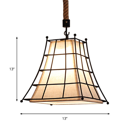 Flared Hanging Lamp with Fabric Shade - Wire Frame Rustic Suspension Light in Black