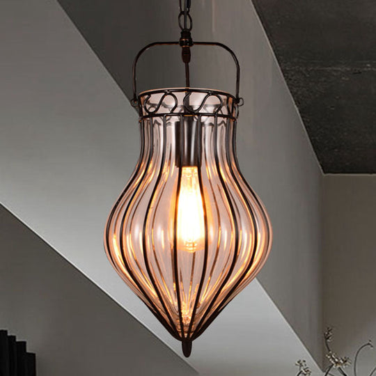 Industrial Single Pendant Light with Clear Glass Teardrop and Black Finish for Restaurants