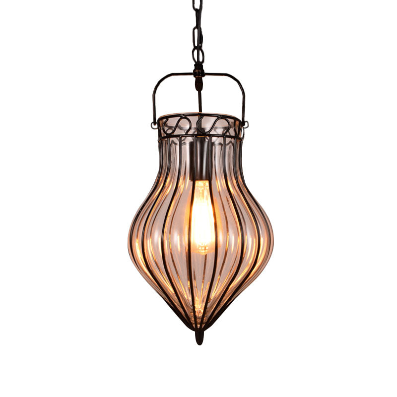 Industrial Single Pendant Light with Clear Glass Teardrop and Black Finish for Restaurants