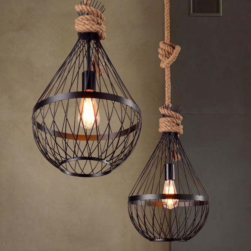 Teardrop Suspension Light: Metal Wire Frame Hanging Lamp in Black with 39" Rope - Country Style