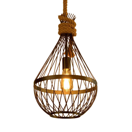 Teardrop Suspension Light: Metal Wire Frame Hanging Lamp in Black with 39" Rope - Country Style