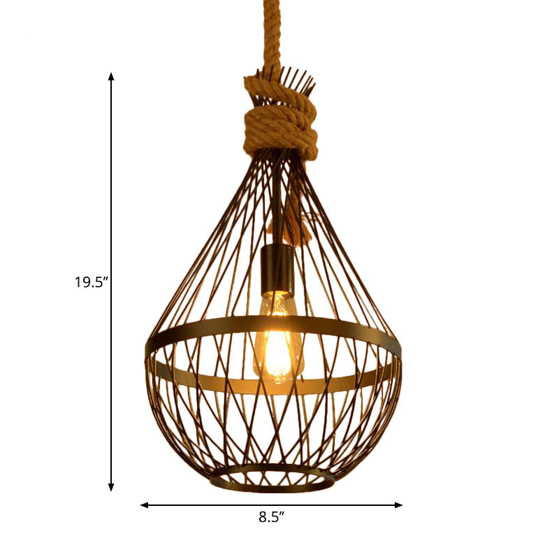 Teardrop Suspension Light: Metal Wire Frame Hanging Lamp in Black with 39" Rope - Country Style