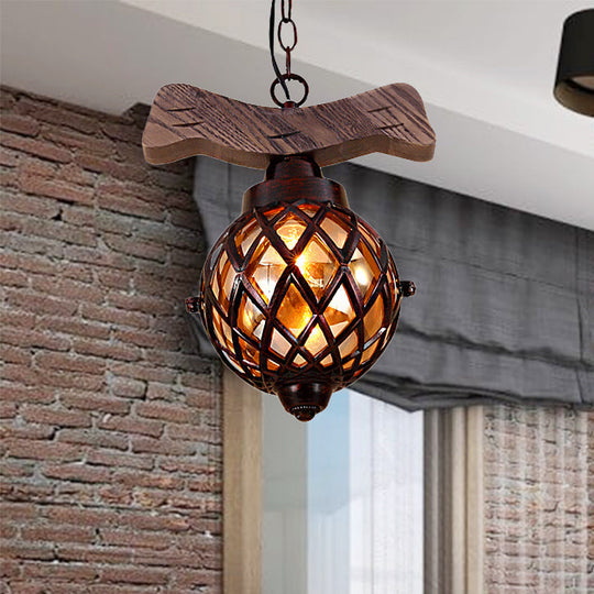 Amber Glass Ball Pendant Lamp With Wooden Base - 1 Light Country Hanging In Copper Wood