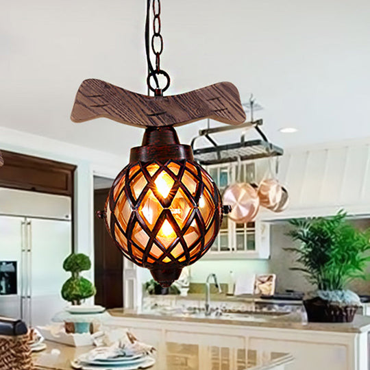 Amber Glass Ball Pendant Lamp With Wooden Base - 1 Light Country Hanging In Copper