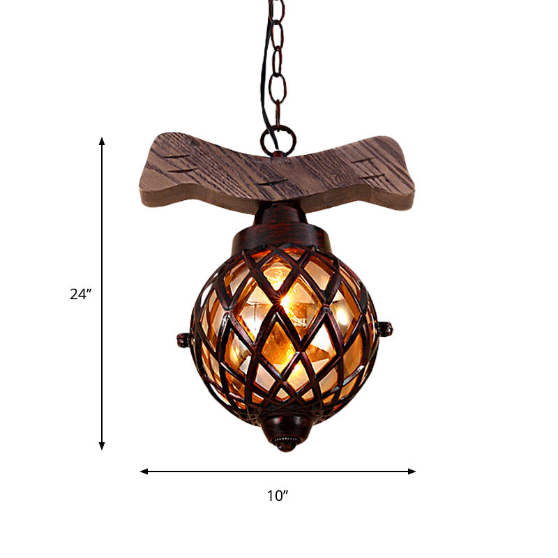 Amber Glass Ball Pendant Lamp with Wooden Base - Country Style Hanging Light | 1-Light, Copper Finish