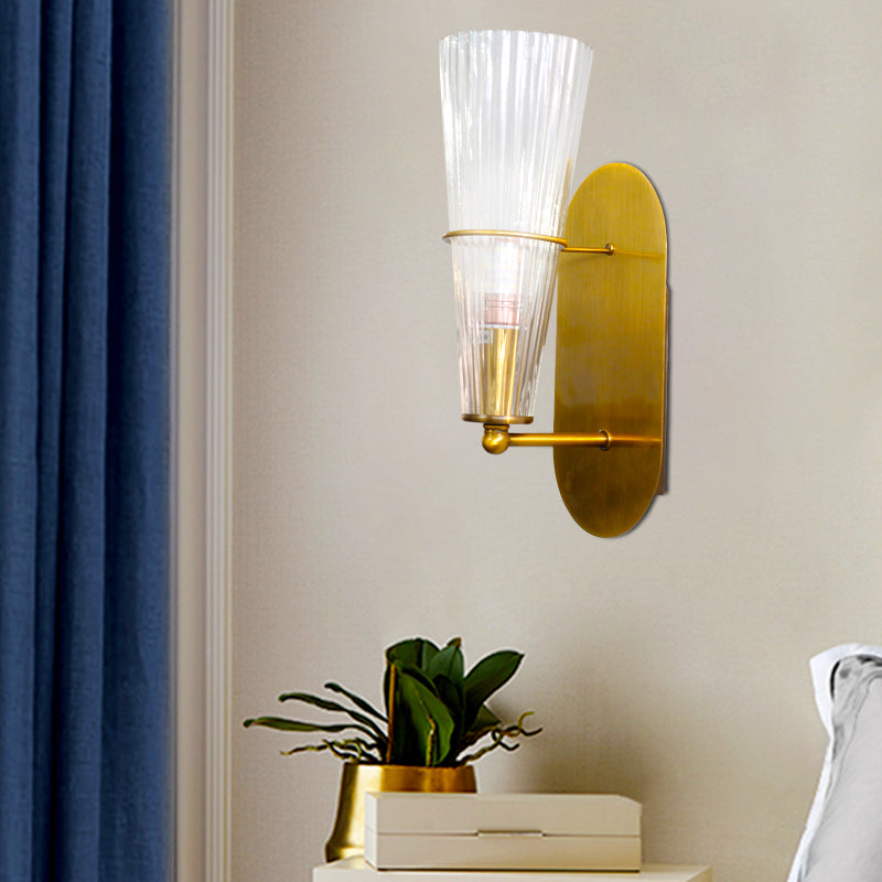 Indoor Mid Century Modern Brass Cone Wall Sconce With Clear Ribbed Glass Single Light