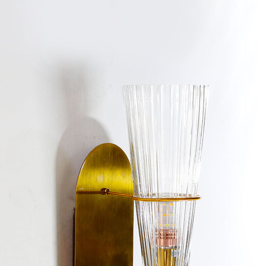 Indoor Mid Century Modern Brass Cone Wall Sconce With Clear Ribbed Glass Single Light