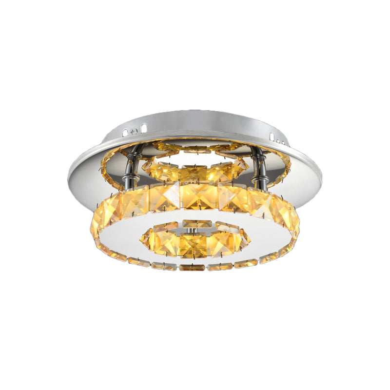 Luxury Crystal Led Indoor Ceiling Light - Circular Semi Flush Fixture In Clear/Amber Options