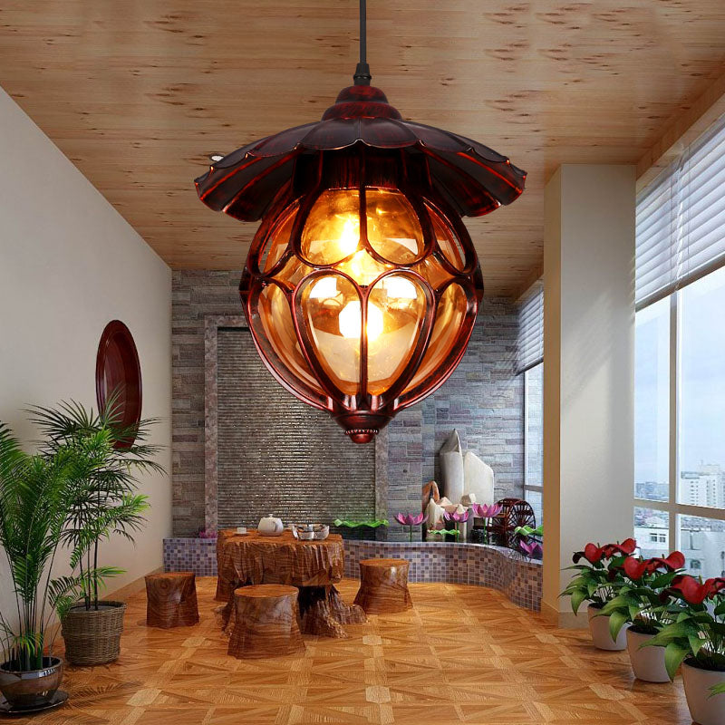 Copper Pendant Light With Cognac Glass Shade And Adjustable Chain / Globe