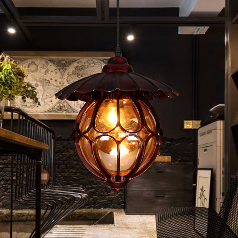 Copper Industrial Global/Ring Pendant Light with Cognac Glass Shade, Adjustable 23.5" Chain - Kitchen Hanging Lighting