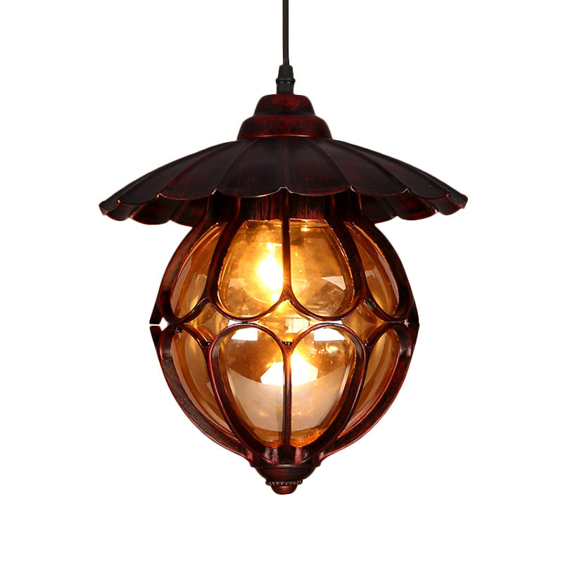 Copper Industrial Global/Ring Pendant Light with Cognac Glass Shade, Adjustable 23.5" Chain - Kitchen Hanging Lighting