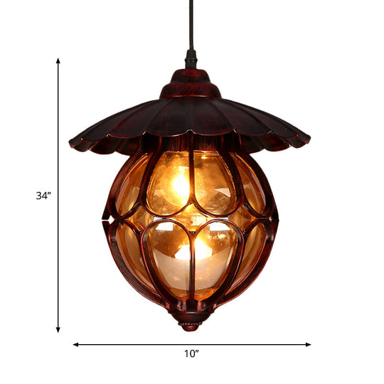 Copper Industrial Global/Ring Pendant Light with Cognac Glass Shade, Adjustable 23.5" Chain - Kitchen Hanging Lighting