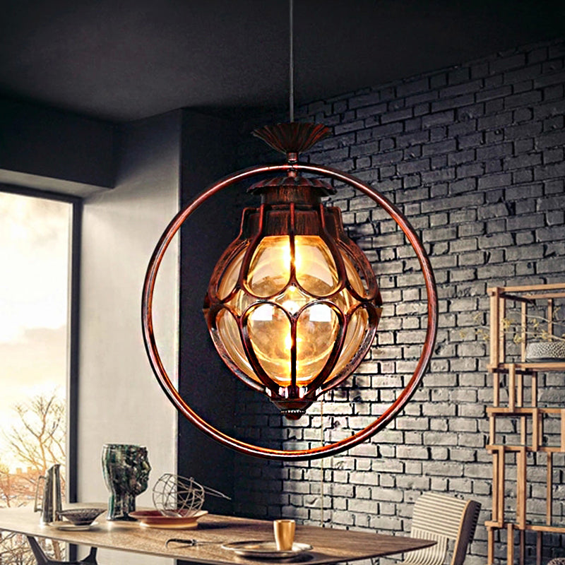 Copper Industrial Global/Ring Pendant Light with Cognac Glass Shade, Adjustable 23.5" Chain - Kitchen Hanging Lighting