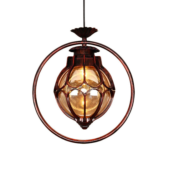 Copper Industrial Global/Ring Pendant Light with Cognac Glass Shade, Adjustable 23.5" Chain - Kitchen Hanging Lighting