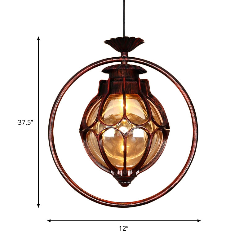 Copper Industrial Global/Ring Pendant Light with Cognac Glass Shade, Adjustable 23.5" Chain - Kitchen Hanging Lighting