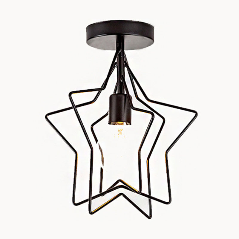 Industrial Metal Ceiling Mount Chandelier - 1 Light Semi Flush Fixture For Hallway Black / Star