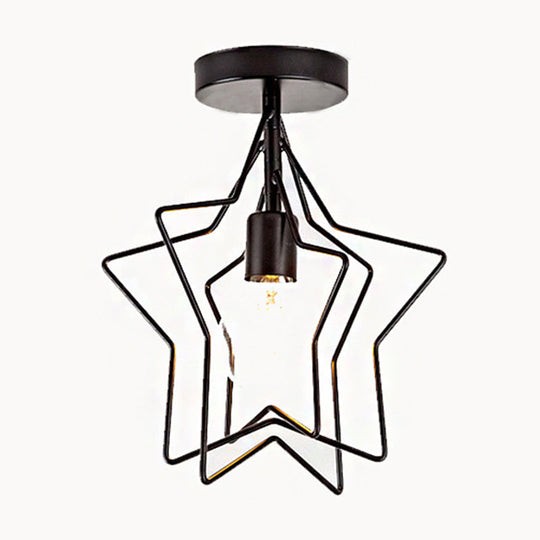 Industrial Metal Ceiling Mount Chandelier - 1 Light Semi Flush Fixture For Hallway Black / Star