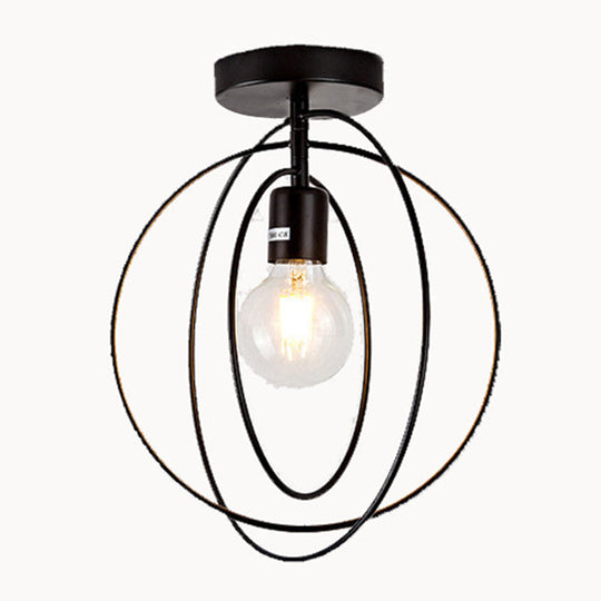 Industrial Metal Ceiling Mount Chandelier - 1 Light Semi Flush Fixture For Hallway Black / Circle