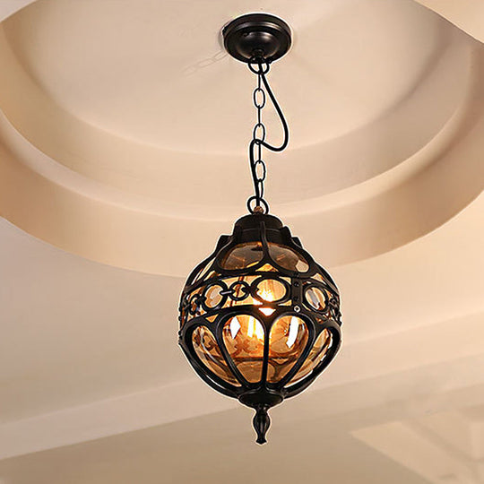 Amber Glass Loft Sphere Pendant Light - Outdoor Hanging For Balcony (7/9 W) In Black/Bronze Black /