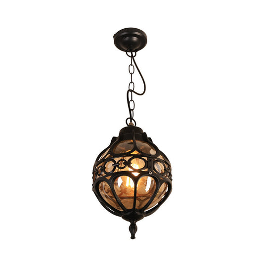 Amber Glass Hanging Pendant Light for Outdoor Balcony - Loft Sphere Design (1 Light, 7"/9" W) in Black/Bronze