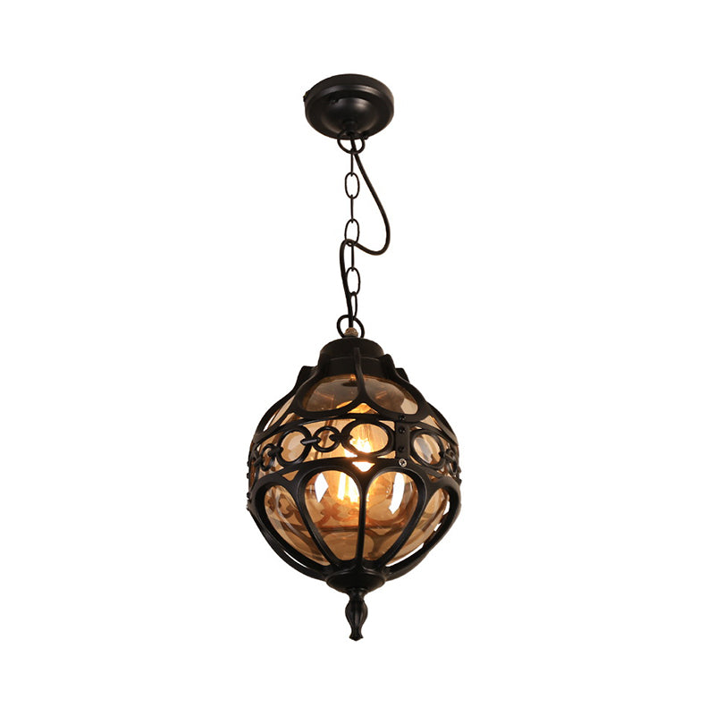 Amber Glass Loft Sphere Pendant Light - Outdoor Hanging For Balcony (7/9 W) In Black/Bronze