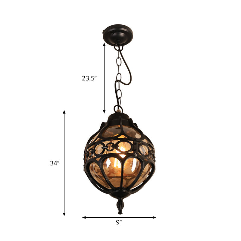 Amber Glass Hanging Pendant Light for Outdoor Balcony - Loft Sphere Design (1 Light, 7"/9" W) in Black/Bronze