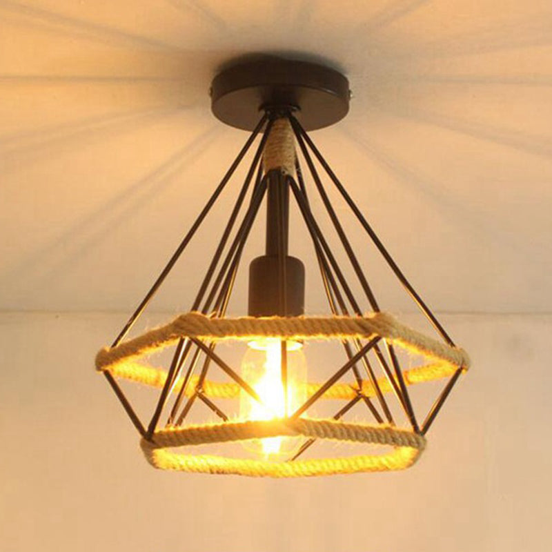 Diamond Cage Semi Flush Mount Retro Industrial Ceiling Lights for Hallway