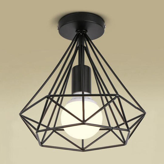 Diamond Cage Semi Flush Mount Retro Industrial Ceiling Lights for Hallway