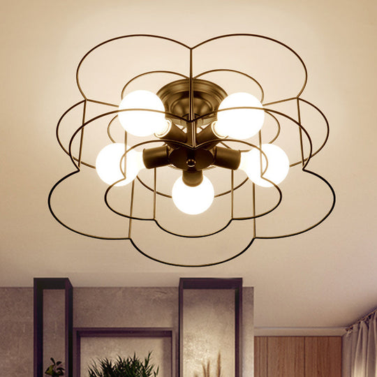 Retro Industrial Metal Ceiling Mounted Flower Semi Flush Light Fixture for Bedroom