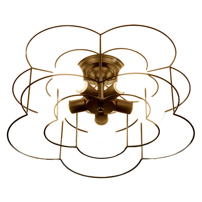 Retro Industrial Metal Ceiling Mounted Flower Semi Flush Light Fixture for Bedroom