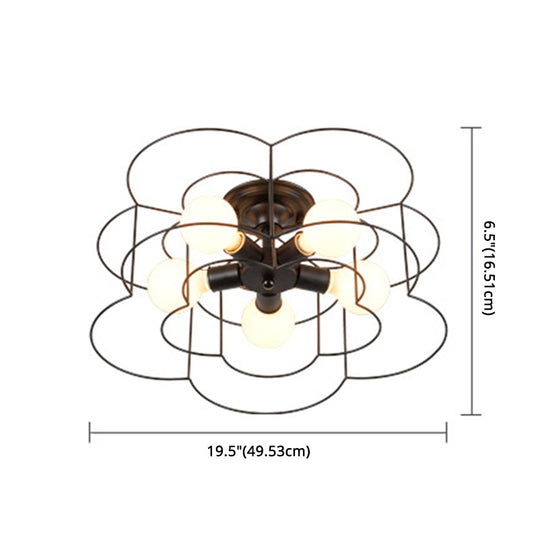 Retro Industrial Metal Ceiling Mounted Flower Semi Flush Light Fixture for Bedroom