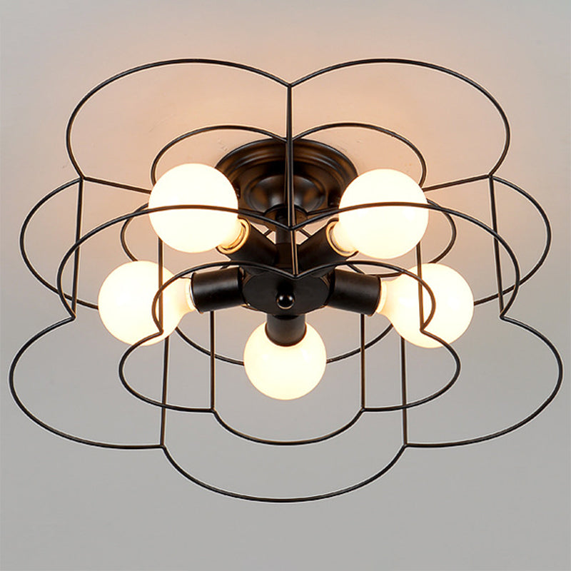 Retro Industrial Metal Ceiling Mounted Flower Semi Flush Light Fixture for Bedroom