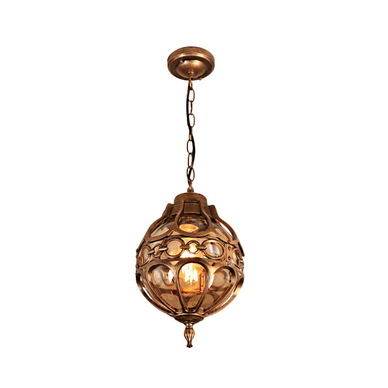 Amber Glass Hanging Pendant Light for Outdoor Balcony - Loft Sphere Design (1 Light, 7"/9" W) in Black/Bronze