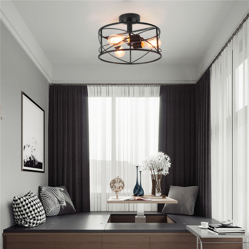 Retro Industrial Metal Flush Mount Ceiling Light for Living Room - Trellis Cage Design