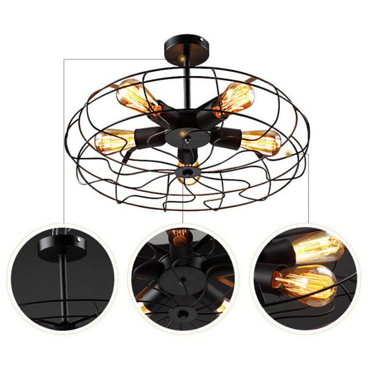 Retro Industrial Style Basket Cage Ceiling Mount Chandelier - 5 Light Fixture for Hallway - Metal Semi Flush