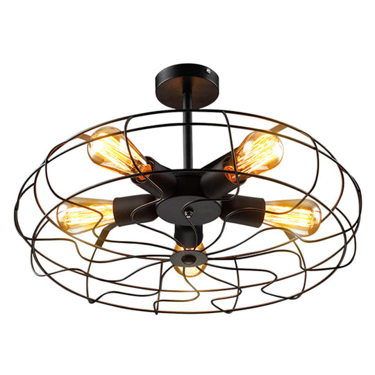 Retro Industrial Style Basket Cage Ceiling Mount Chandelier - 5 Light Fixture for Hallway - Metal Semi Flush