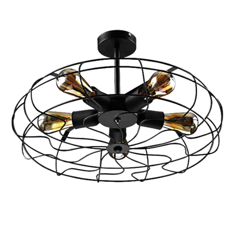 Retro Industrial Style Basket Cage Ceiling Mount Chandelier - 5 Light Fixture for Hallway - Metal Semi Flush