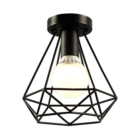 Diamond Cage Semi Flush Mount Ceiling Light Fixture – Retro Industrial Style for Restaurants