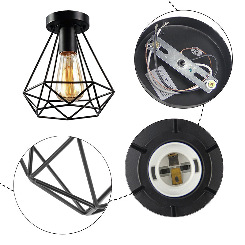 Diamond Cage Semi Flush Mount Ceiling Light Fixture – Retro Industrial Style for Restaurants