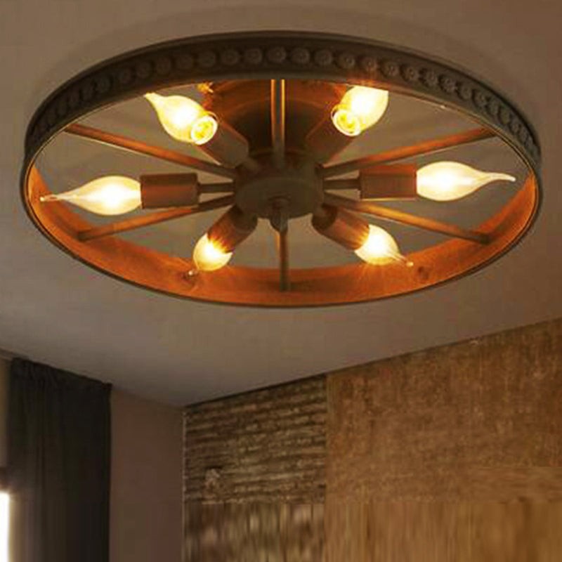 Retro Industrial Style Semi Flush Chandelier - 6 Light Metal Ceiling Mount for Living Room