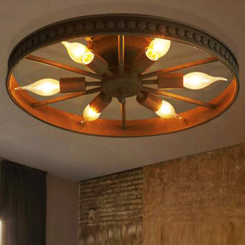 Retro Industrial Style Semi Flush Chandelier - 6 Light Metal Ceiling Mount for Living Room