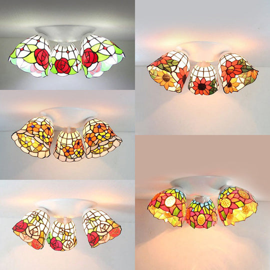 Vintage Scalloped Glass Ceiling Light with Floral Patterns and 3 Lights in White